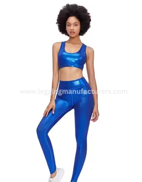 Blue Shiny Compression Leggings Wholesale