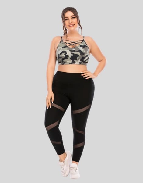 Camo Print Bra with Highwaist Mesh Leggings Supplier camo print bra with highwaist mesh leggings wholesaler