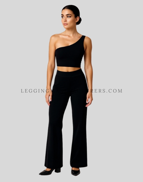 custom flared leggings with one shoulder top