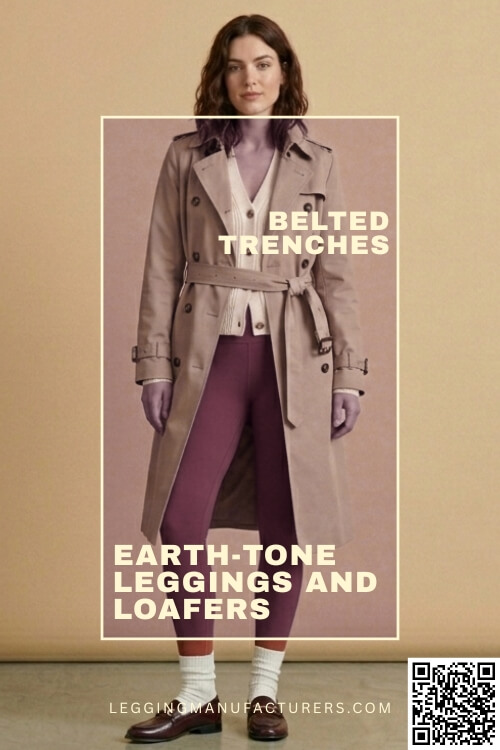 earth-tone leggings with belted trench and loafers