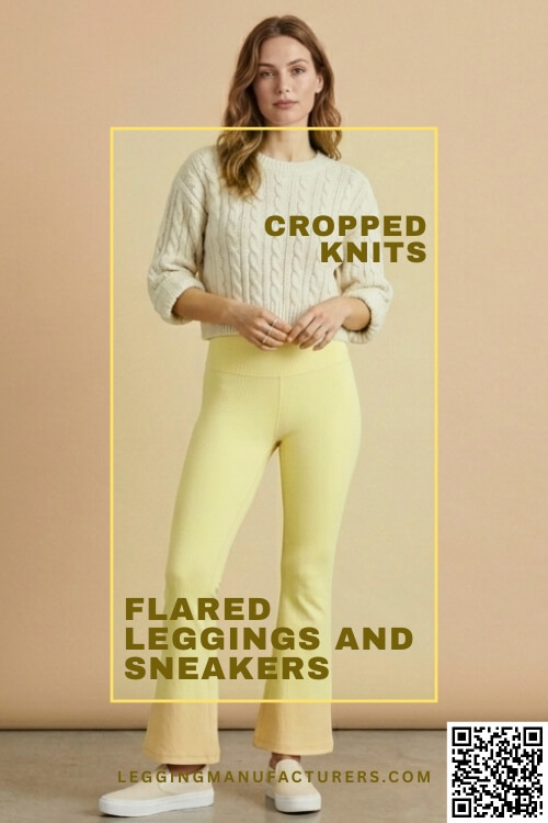 flared leggings with cropped knit and sneakers