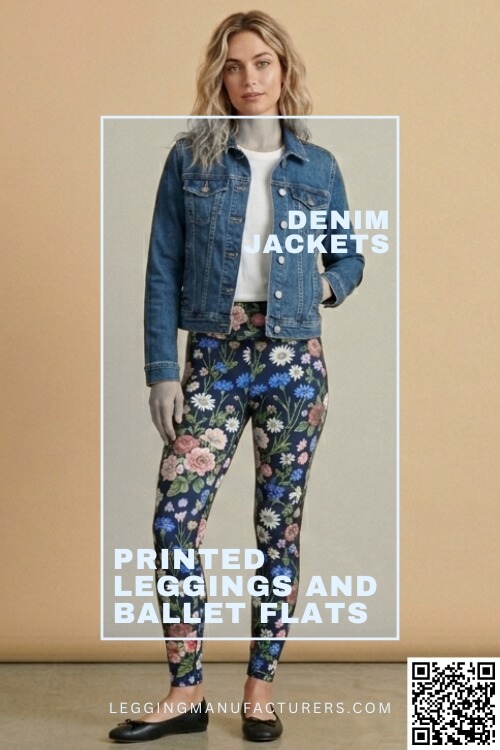 printed leggings with denim jacket and ballet flats