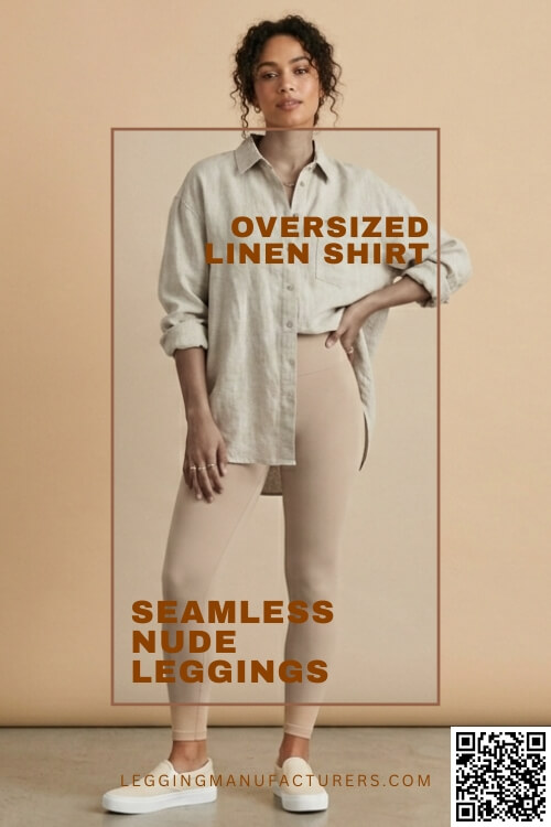nude leggings with oversized linen shirt outfit