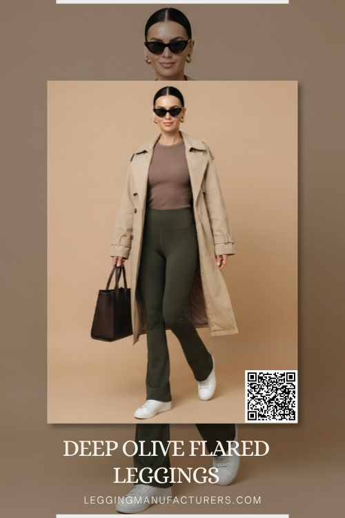 Olive flared leggings in a casual outfit Olive flared leggings in a casual outfit